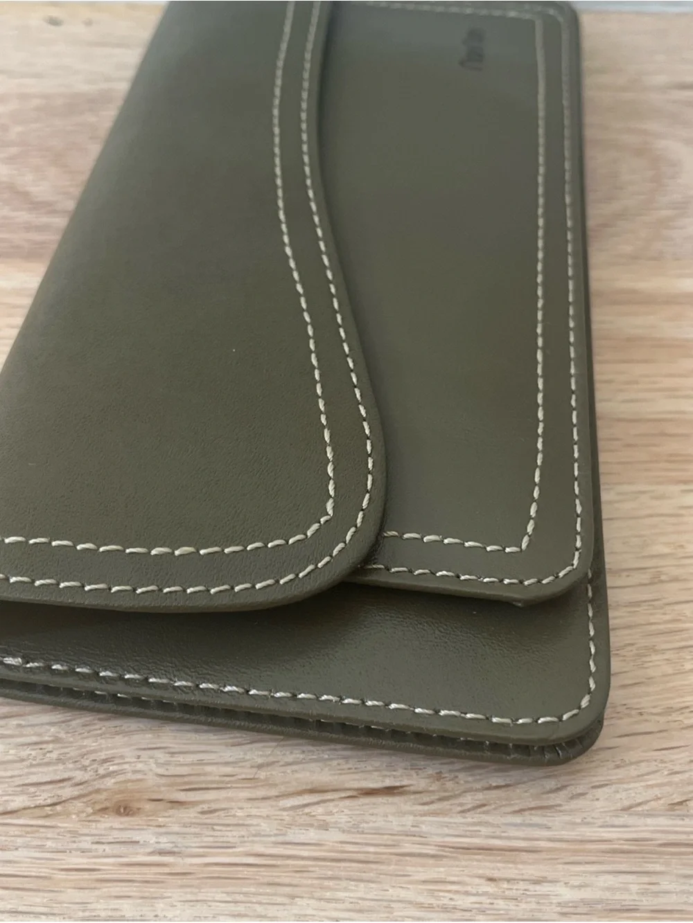 Vintage NonNon Japan Olive Green Leather Long Envelope Wallet NIB Deadstock